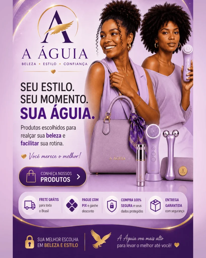 Banner promocional A Águia com bolsas femininas e aparelhos de beleza