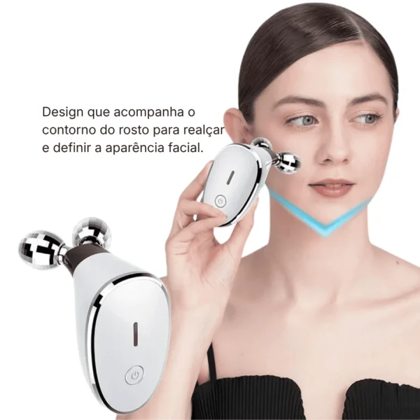 Massageador facial com microcorrente EMS acompanhando o contorno do rosto