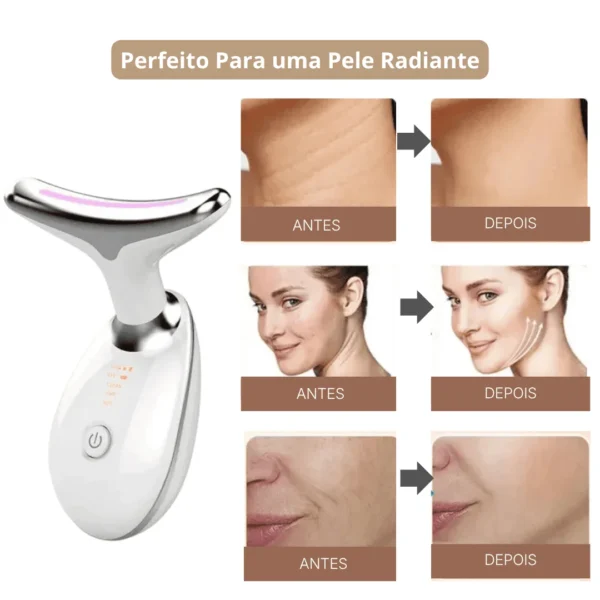 Mulher utilizando massageador facial LED no pescoço e contorno do rosto